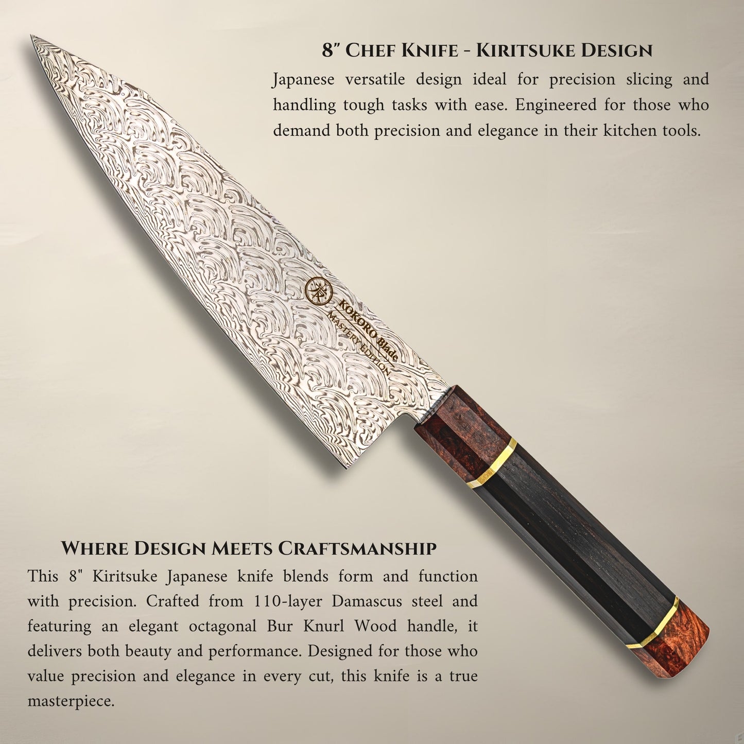 KOKORO Blade 8" Kiritsuke Knife - 110 Layer Damascus Steel - Brutal Sharpness