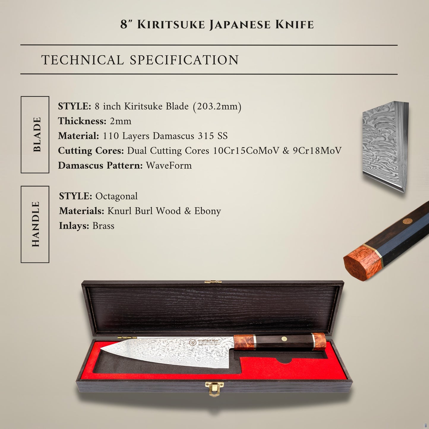 KOKORO Blade 8" Kiritsuke Knife - 110 Layer Damascus Steel - Brutal Sharpness
