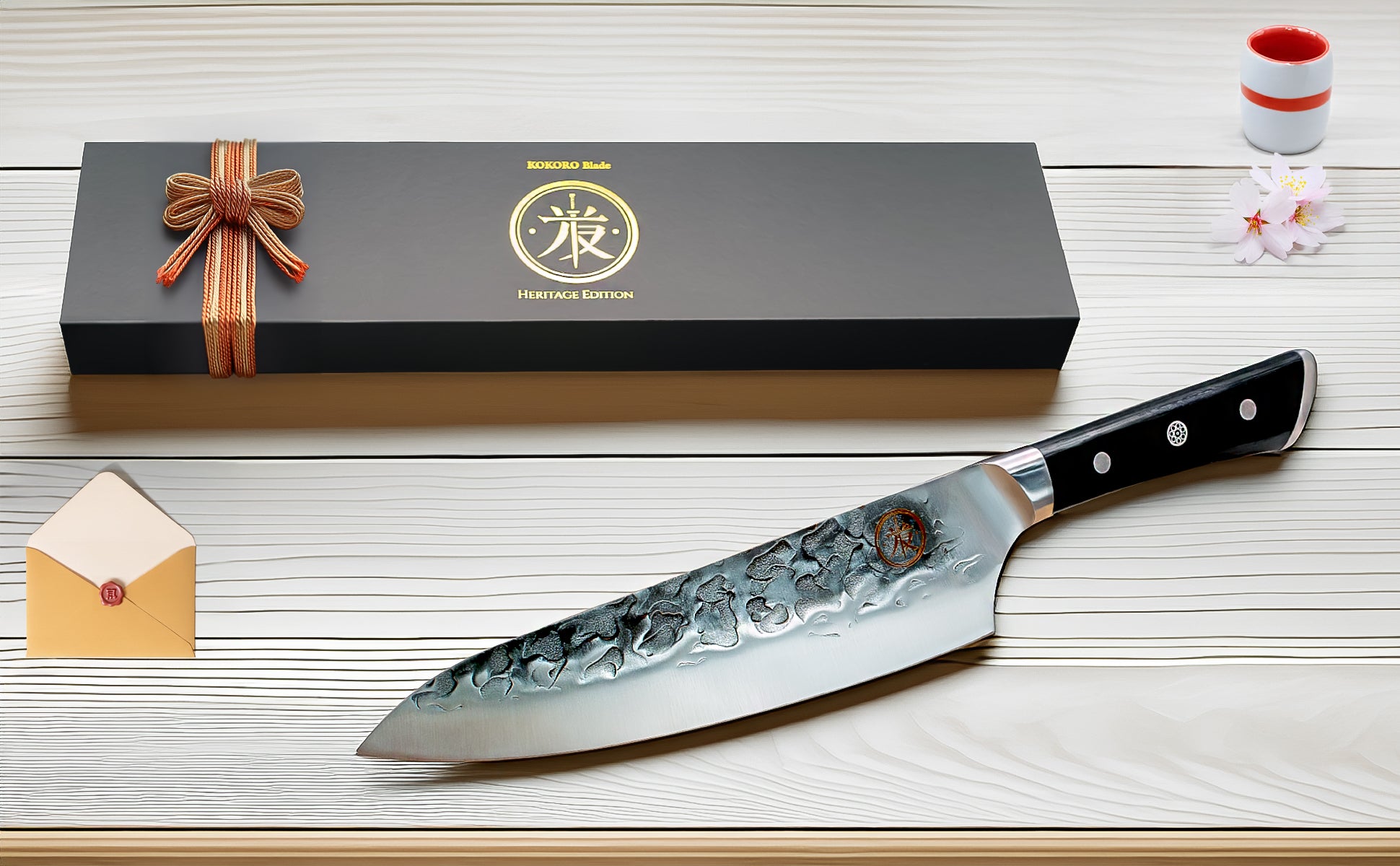 KOKORO Blade Heritage chef knife presented with black magnetic gift box, cherry blossom flower, and gift envelope on a minimalist wood background